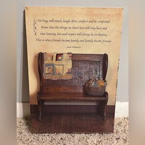 Rustic Wooden Bench Wall Art with Quilt and Basket